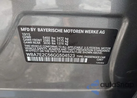 2016 BMW 740I из США, поврежденный, VIN WBA7E2C56GG504523